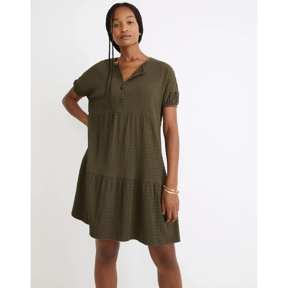 Madewell Mini Dress Medium Green‎ Crinkle Knit Tiered Puff Sleeves Buttons NEW